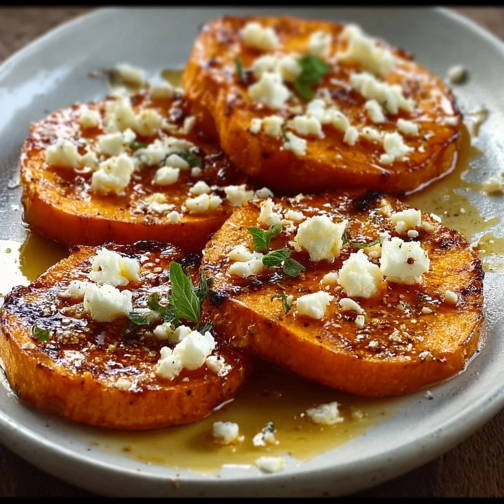 Roasted sweet potato rounds with honey and feta served on a plate