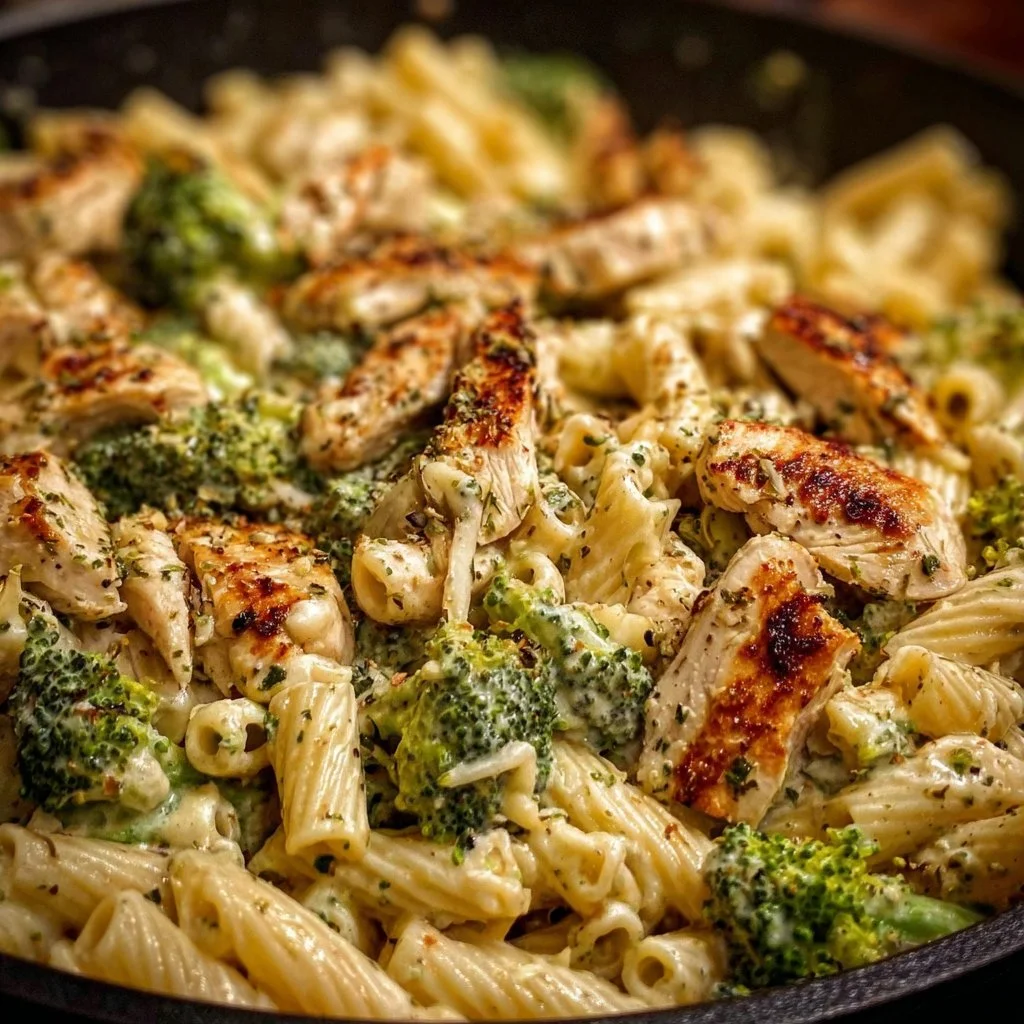 Rotisserie Chicken Broccoli Pasta 3 Rotisserie chicken broccoli pasta dish garnished with fresh herbs