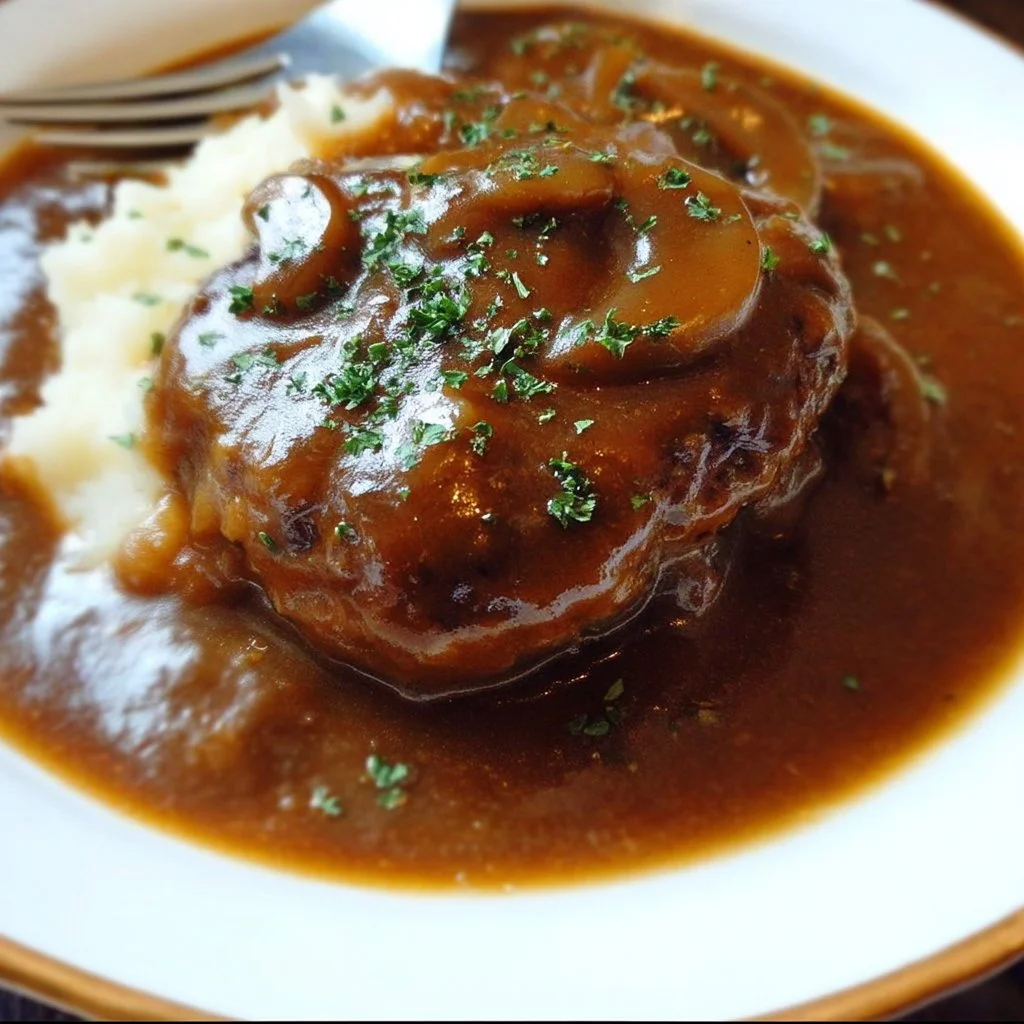 Plate of homemade Salisbury steak with gravy and mashed potatoes