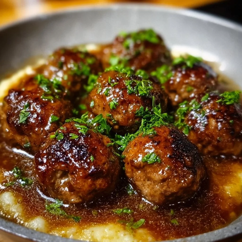 Salisbury steak meatballs served with gravy and vegetables