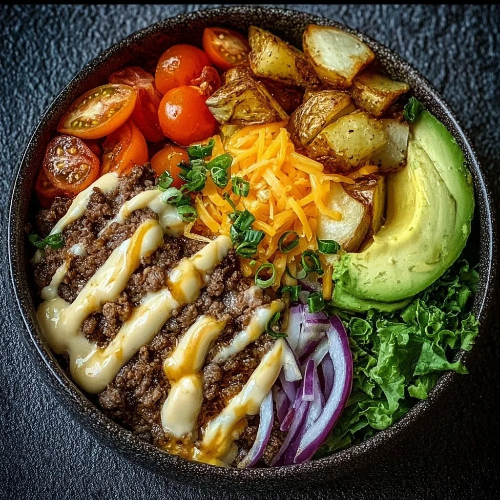Savory smash burger bowl with fresh toppings and beef patty