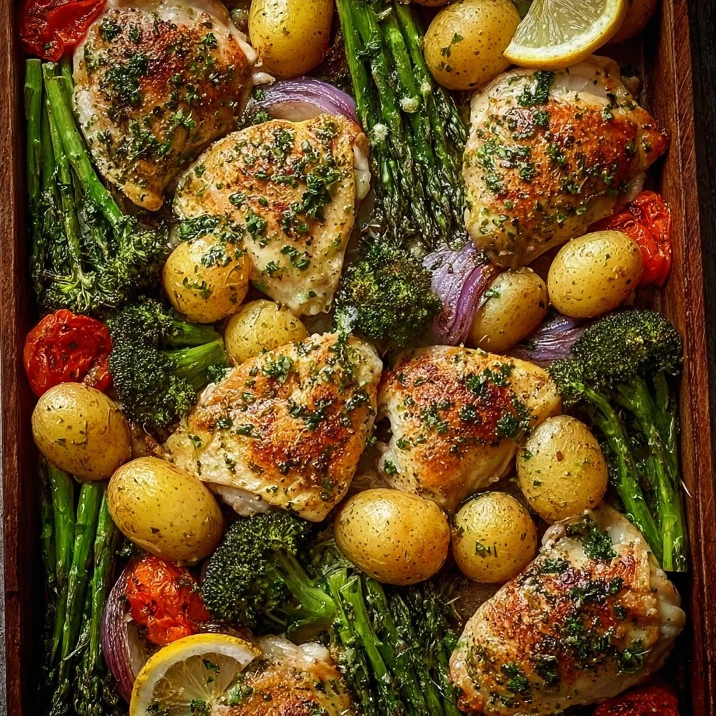 Sheet pan garlic butter chicken with colorful veggies ready to serve