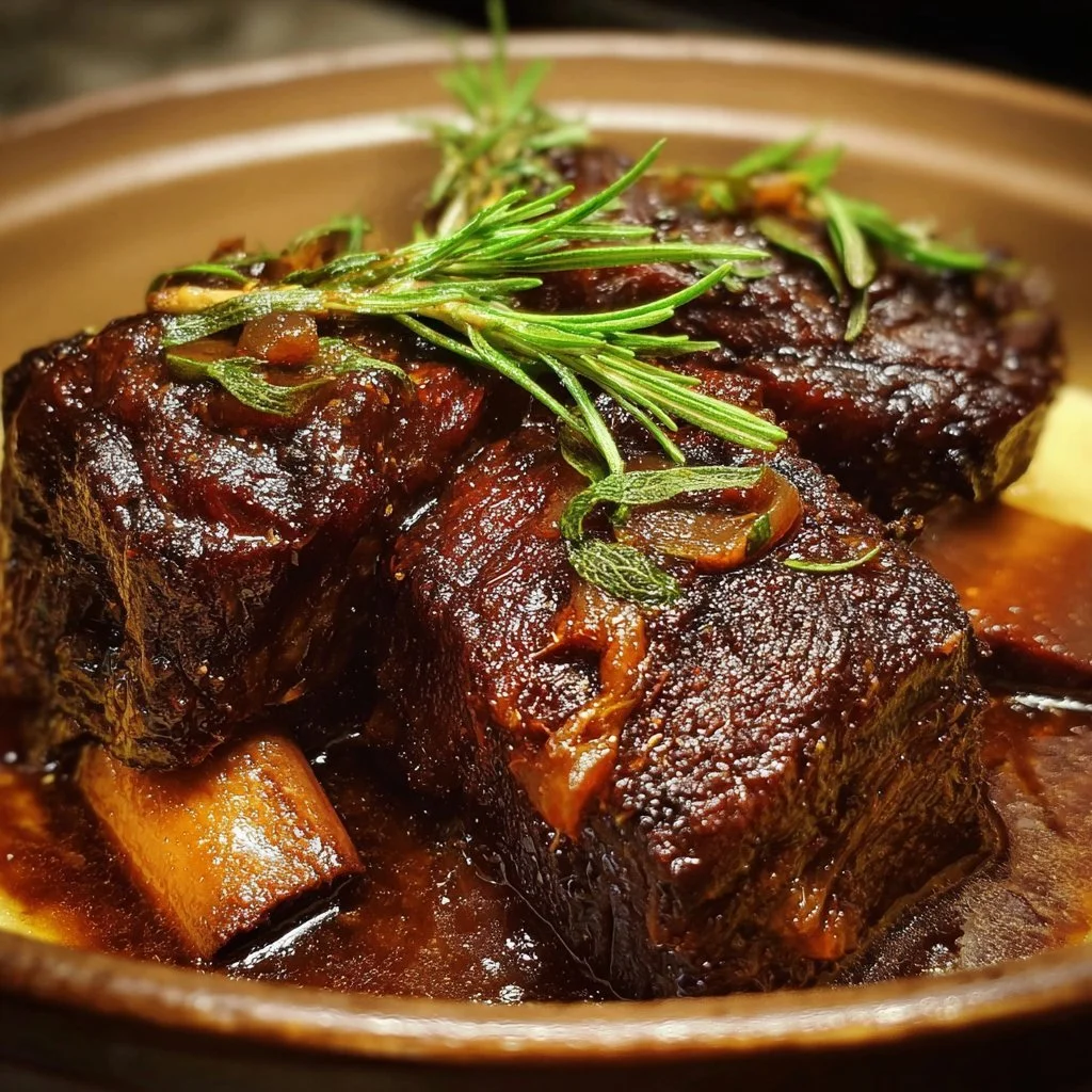Delicious slow-braised beef short ribs served with a side of vegetables