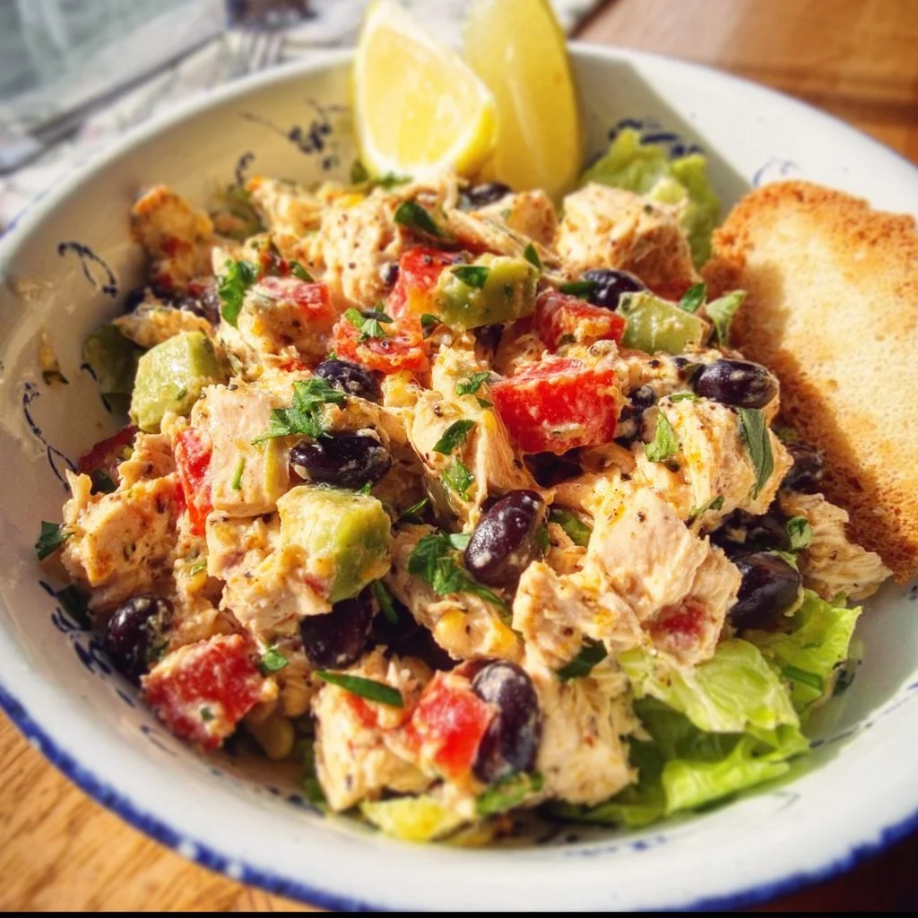 Southwest Chicken Salad 3 Fresh Southwest Chicken Salad with grilled chicken, beans, corn, and avocados