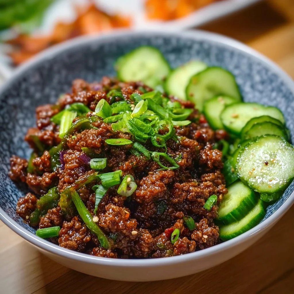Spicy Keto Korean Ground Beef served with a fresh cucumber salad