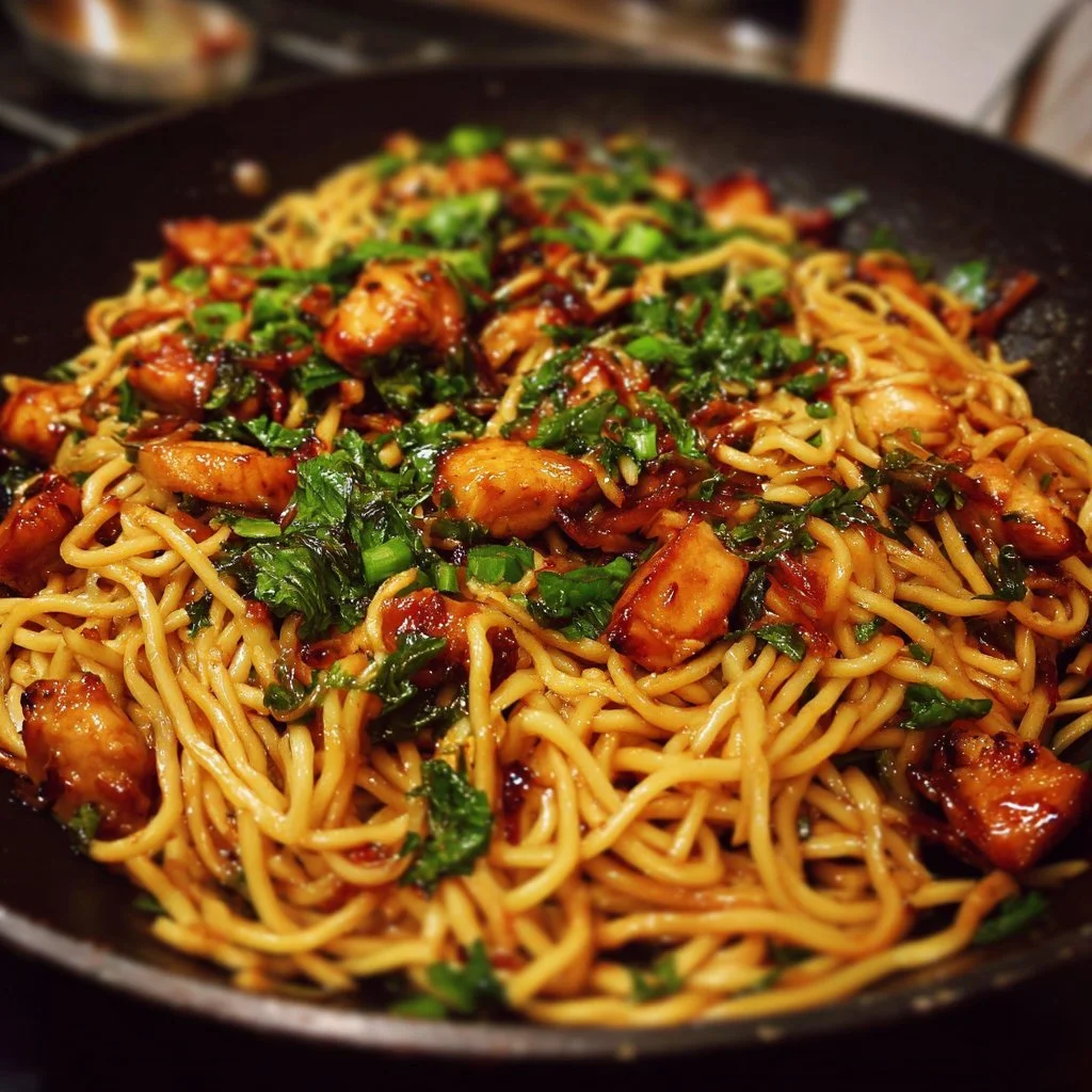 Sticky Garlic Chicken Noodles 3 Delicious sticky garlic chicken noodles served in a bowl with fresh herbs.