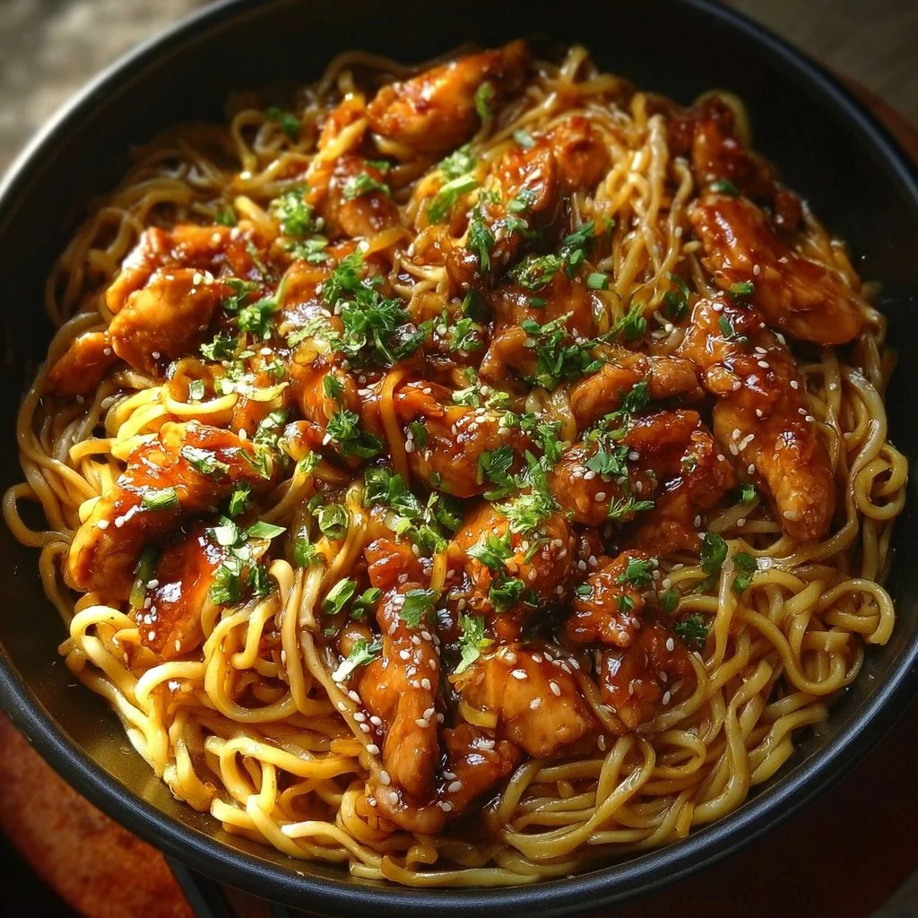 Sticky Garlic Chicken Noodles 3 Delicious plate of sticky garlic chicken noodles garnished with herbs.