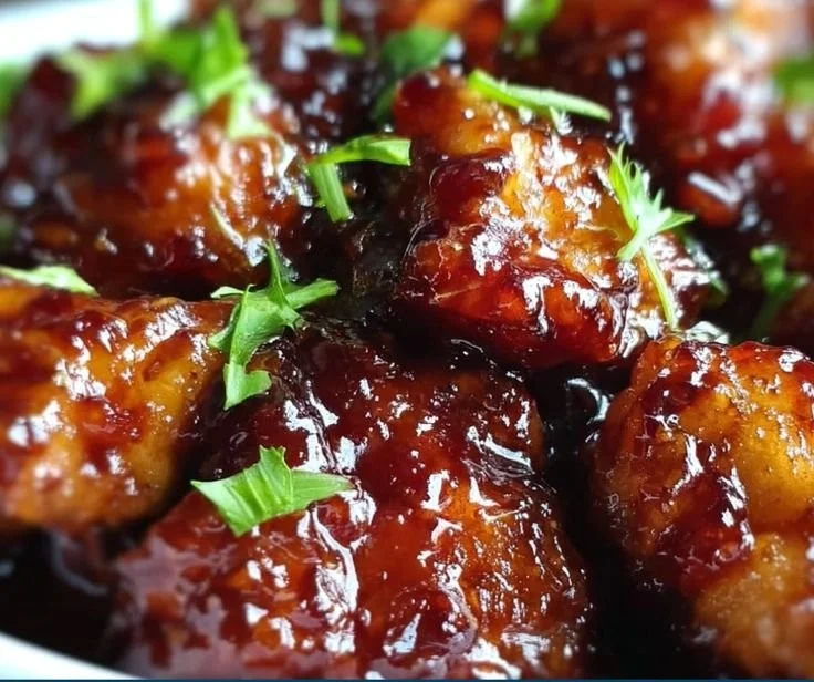 Delicious sticky honey chicken garnished with sesame seeds and green onions