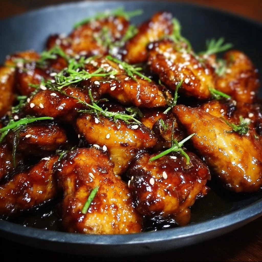 Sticky Honey Chicken dish garnished with sesame seeds and green onions