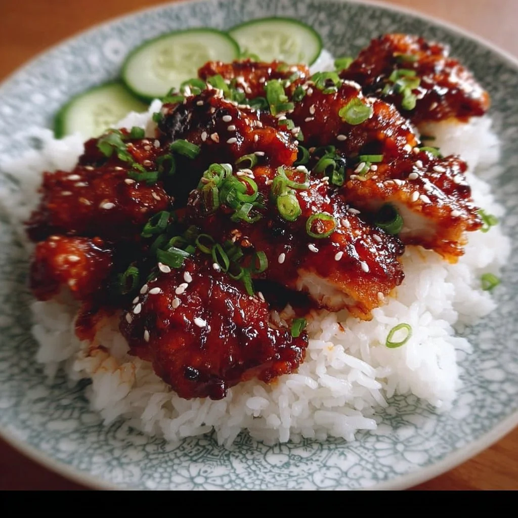 Delicious sticky honey gochujang chicken garnished with sesame seeds and green onions.
