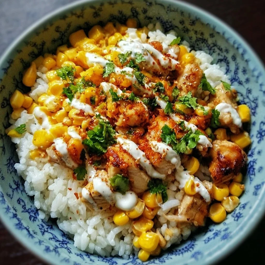 Delicious Street Corn Chicken Rice Bowl ready to eat with fresh ingredients