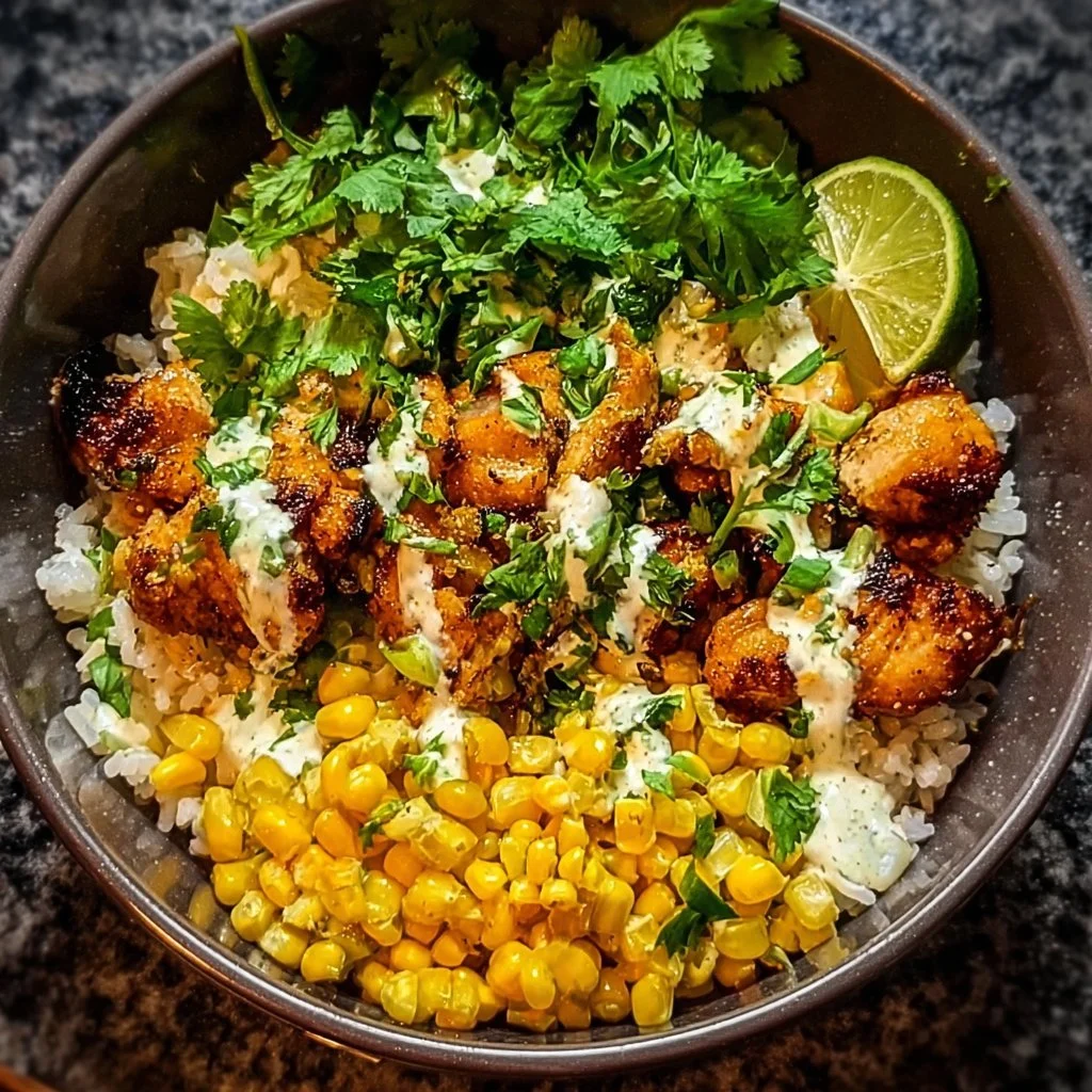 Delicious Street Corn Chicken Rice Bowl topped with fresh herbs and spices.