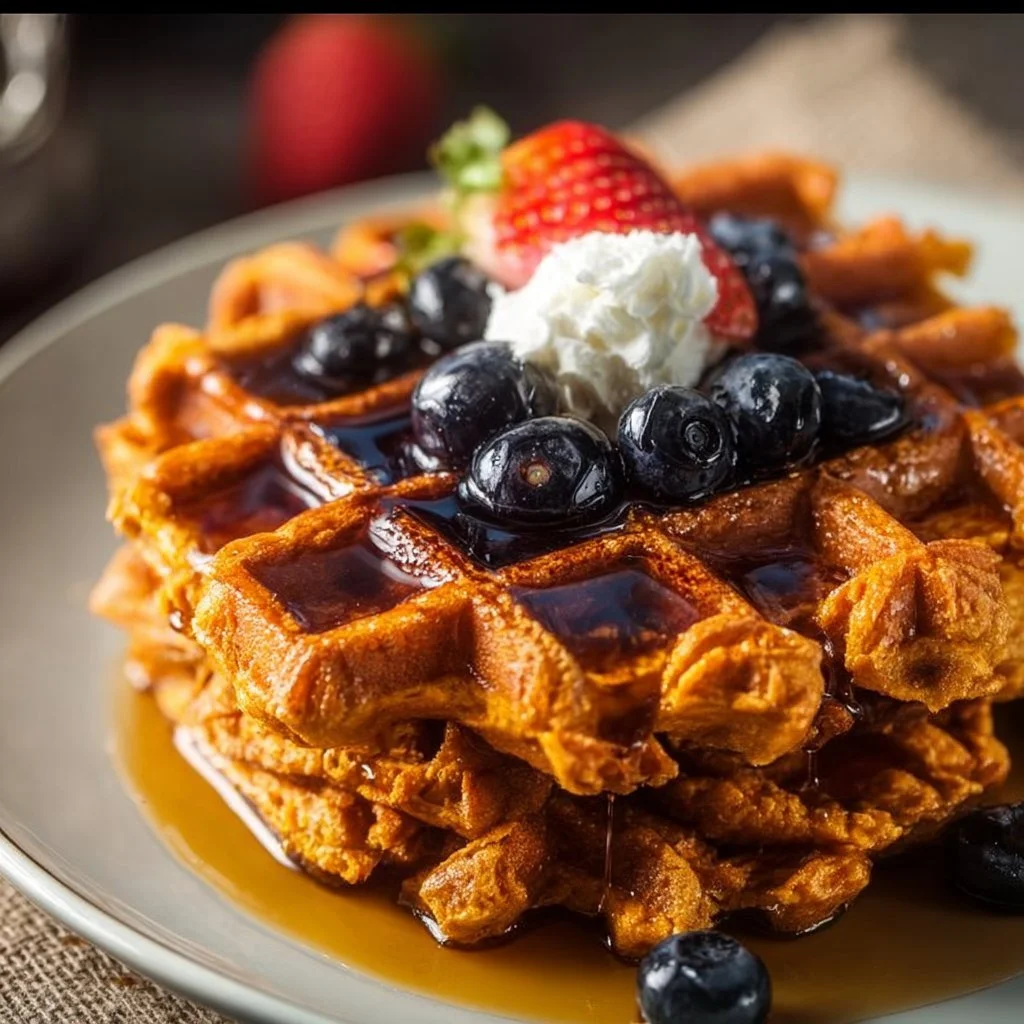 Delicious homemade sweet potato waffles served with syrup and toppings.