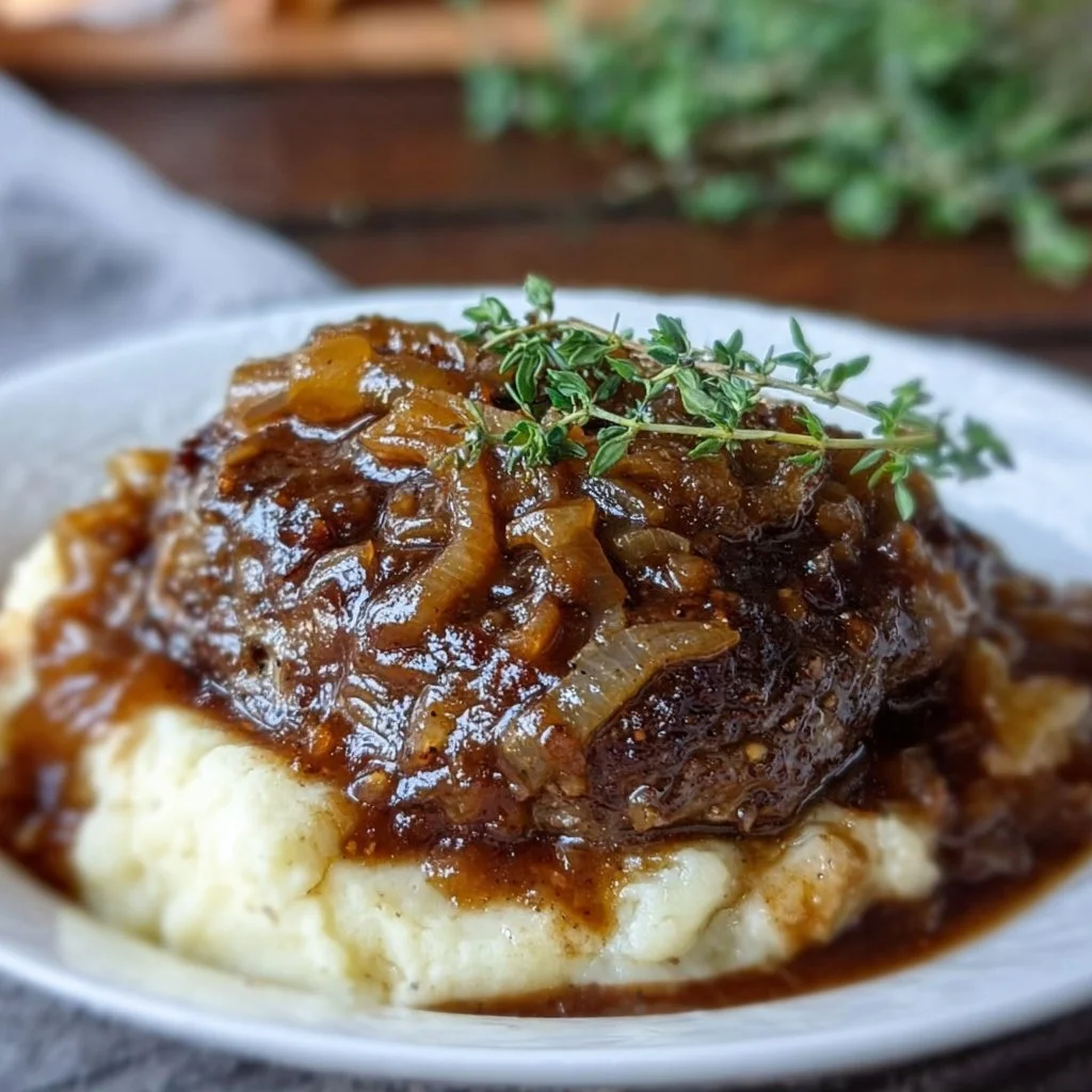 Tender Salisbury Steak Recipe with Easy Rich Caramelized Onion Gravy 3 Tender Salisbury steak with rich caramelized onion gravy on a plate