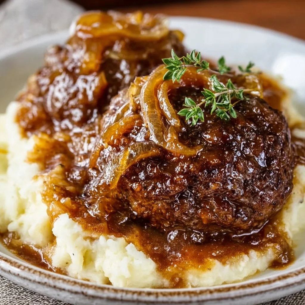 Tender Salisbury Steak Recipe with Easy Rich Caramelized Onion Gravy 2 Tender Salisbury Steak Recipe with Easy Rich Caramelized Onion Gravy