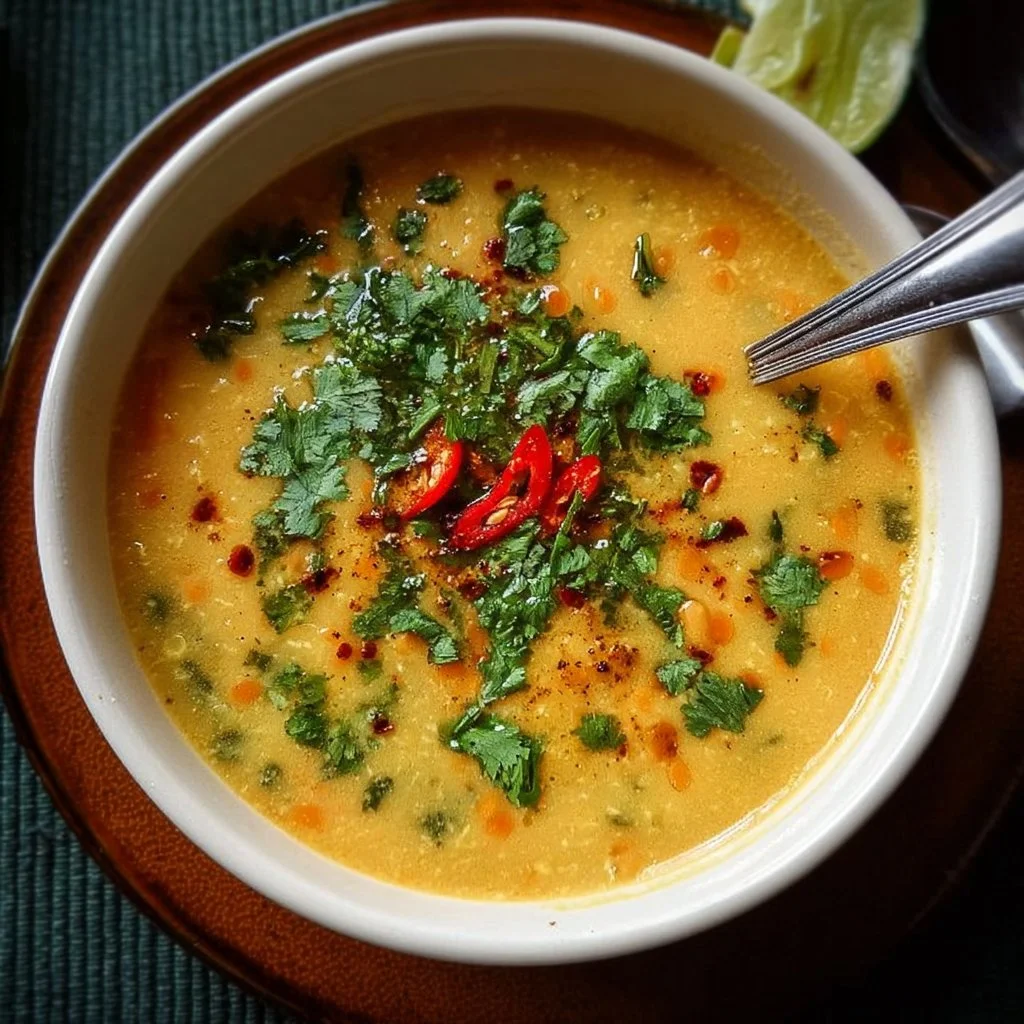 Bowl of Thai Coconut Red Lentil Soup garnished with herbs and spices