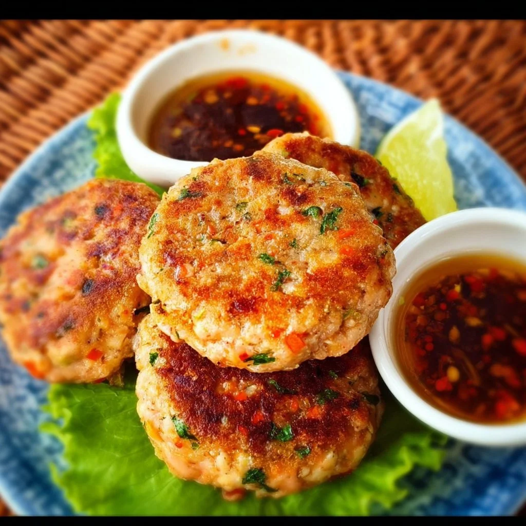 Plate of flavorful Thai Salmon Cakes garnished with herbs and spices.