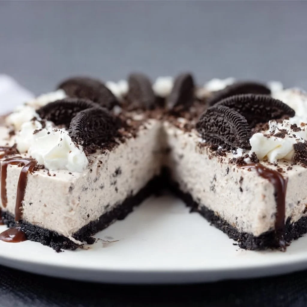Delicious no bake Oreo cheesecake topped with crushed Oreos and chocolate drizzle
