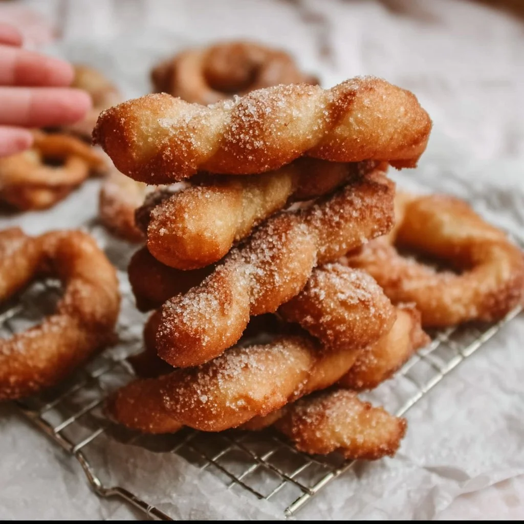 Twisted gluten free doughnuts topped with sprinkles on a wooden table