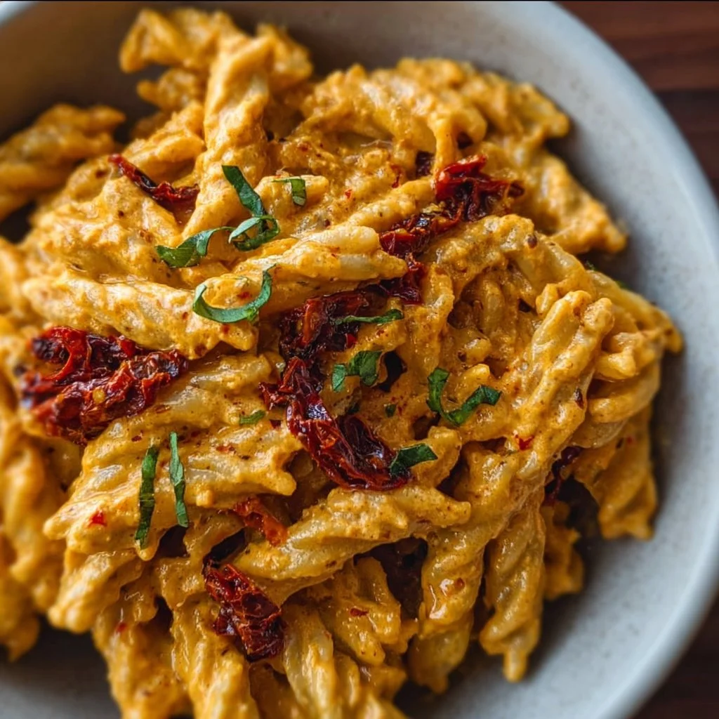 Bowl of vegan creamy sun-dried tomato pasta garnished with fresh herbs