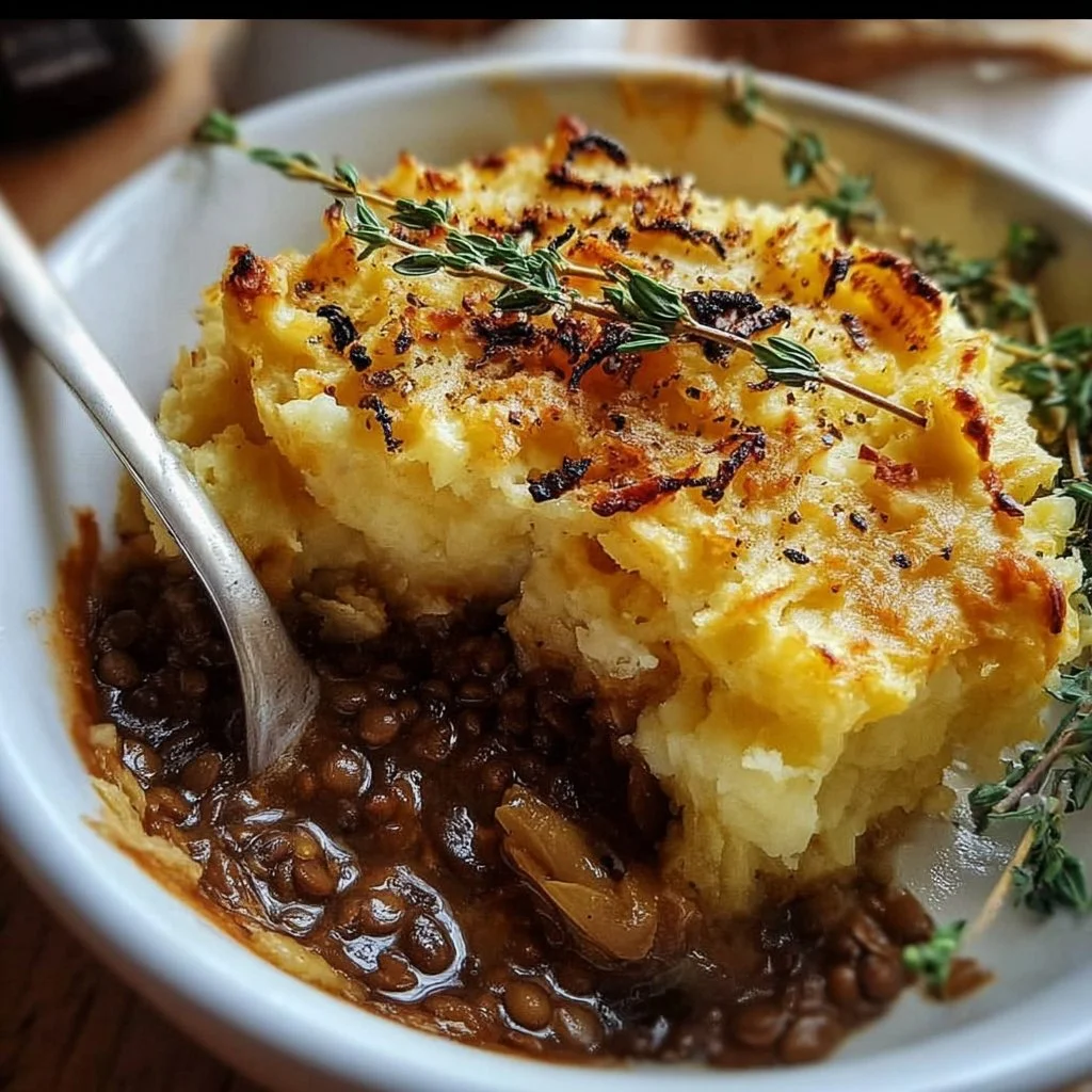 Vegan Shepherd's Pie topped with creamy cauliflower potato mash and lentils