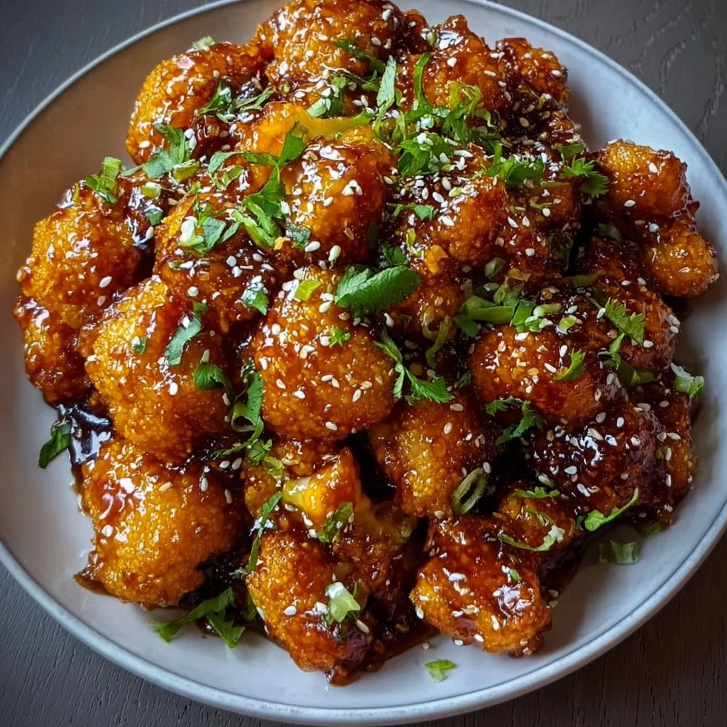 Sticky honey garlic cauliflower dish served in a bowl