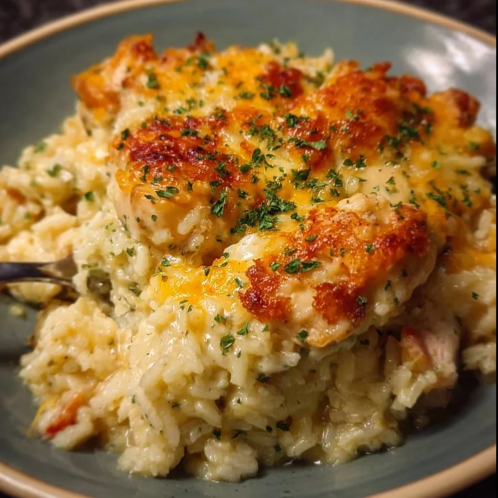 Delicious Angel Chicken and Rice Casserole with creamy sauce and chicken pieces