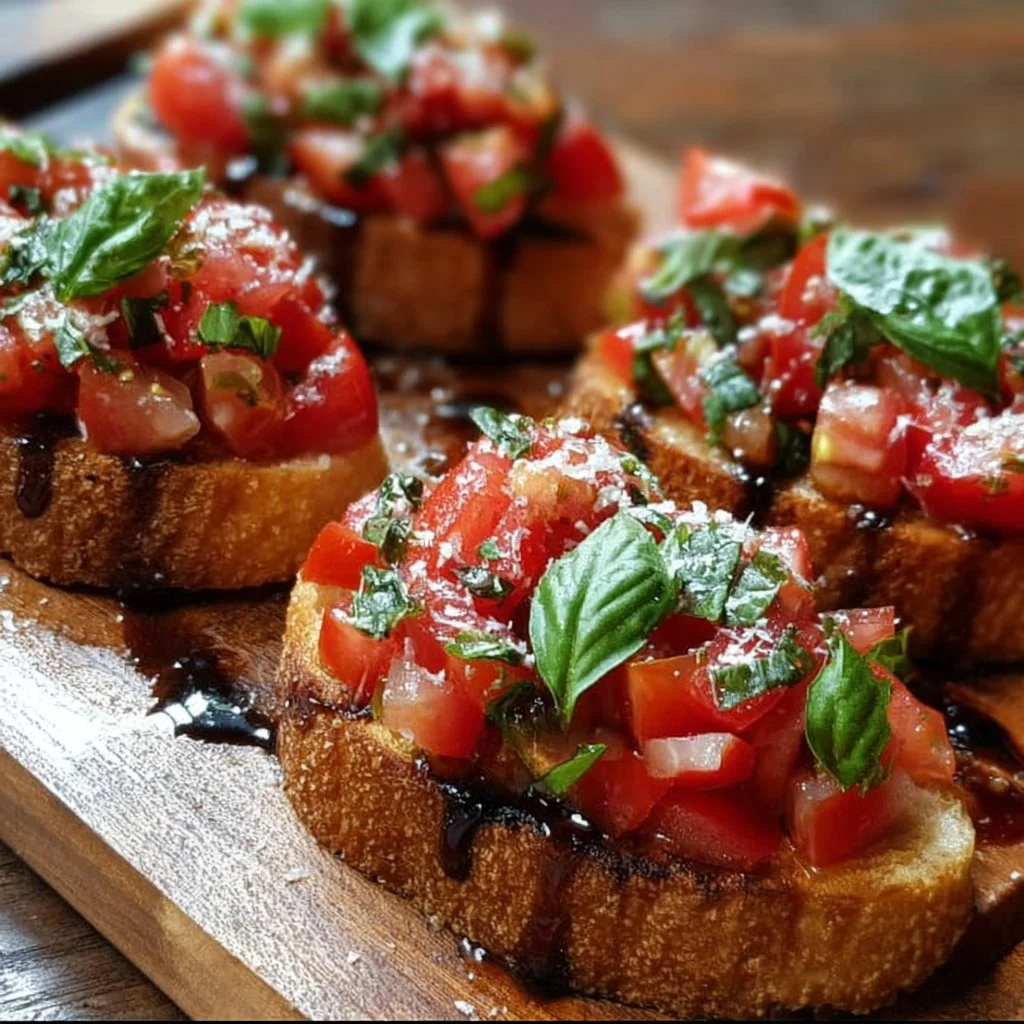 Plate of traditional Italian bruschetta topped with fresh tomatoes and basil.