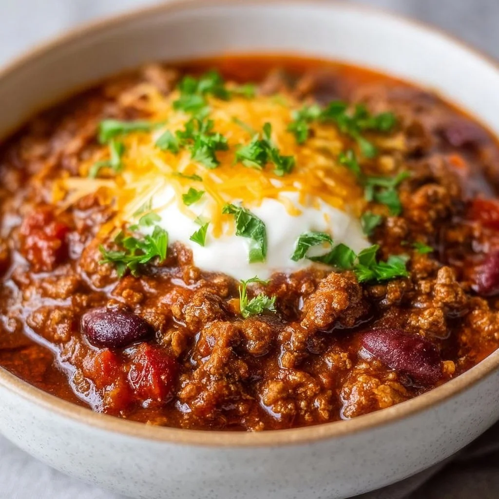 A bowl of award winning chili garnished with fresh herbs and spices.