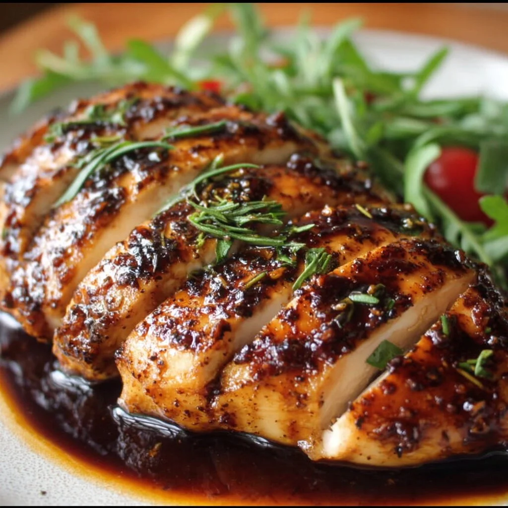 Balsamic Baked Chicken Breast 3 Balsamic baked chicken breast garnished with herbs on a plate