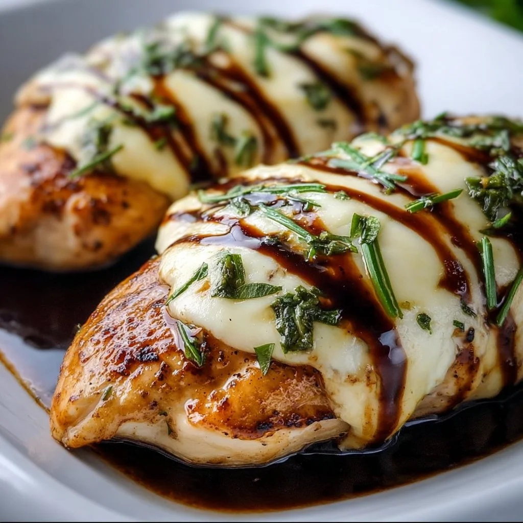 Balsamic Baked Chicken Breast topped with mozzarella cheese on a plate.
