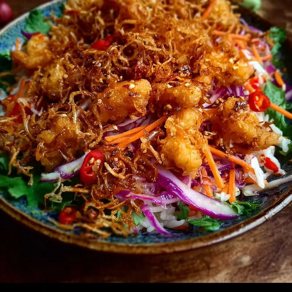 Bang Bang Chicken Crispy Rice Salad 2 Delicious Bang Bang Chicken Crispy Rice Salad served in a bowl with vibrant ingredients.