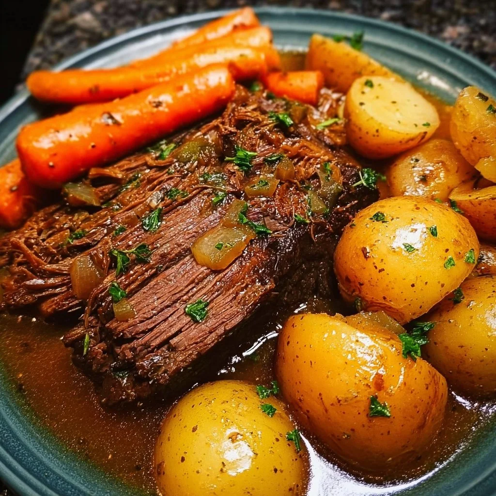 Juicy crockpot beef pot roast with vegetables in a savory gravy