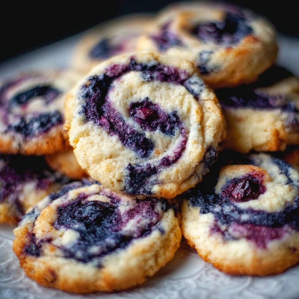 Blueberry cheesecake cookies with fresh blueberries and creamy filling on a plate