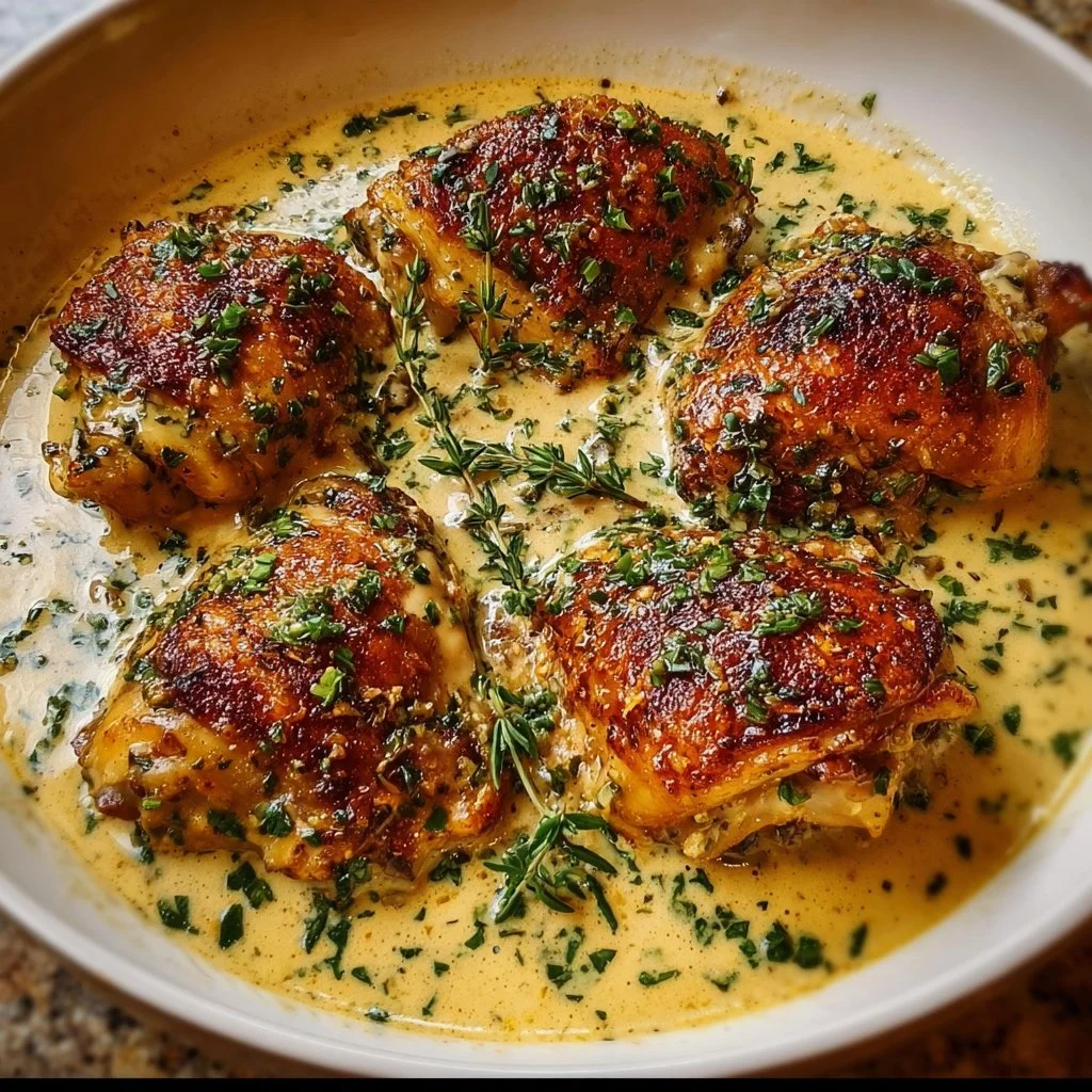 Bobby Flay's succulent chicken thighs with creamy garlic sauce on a plate