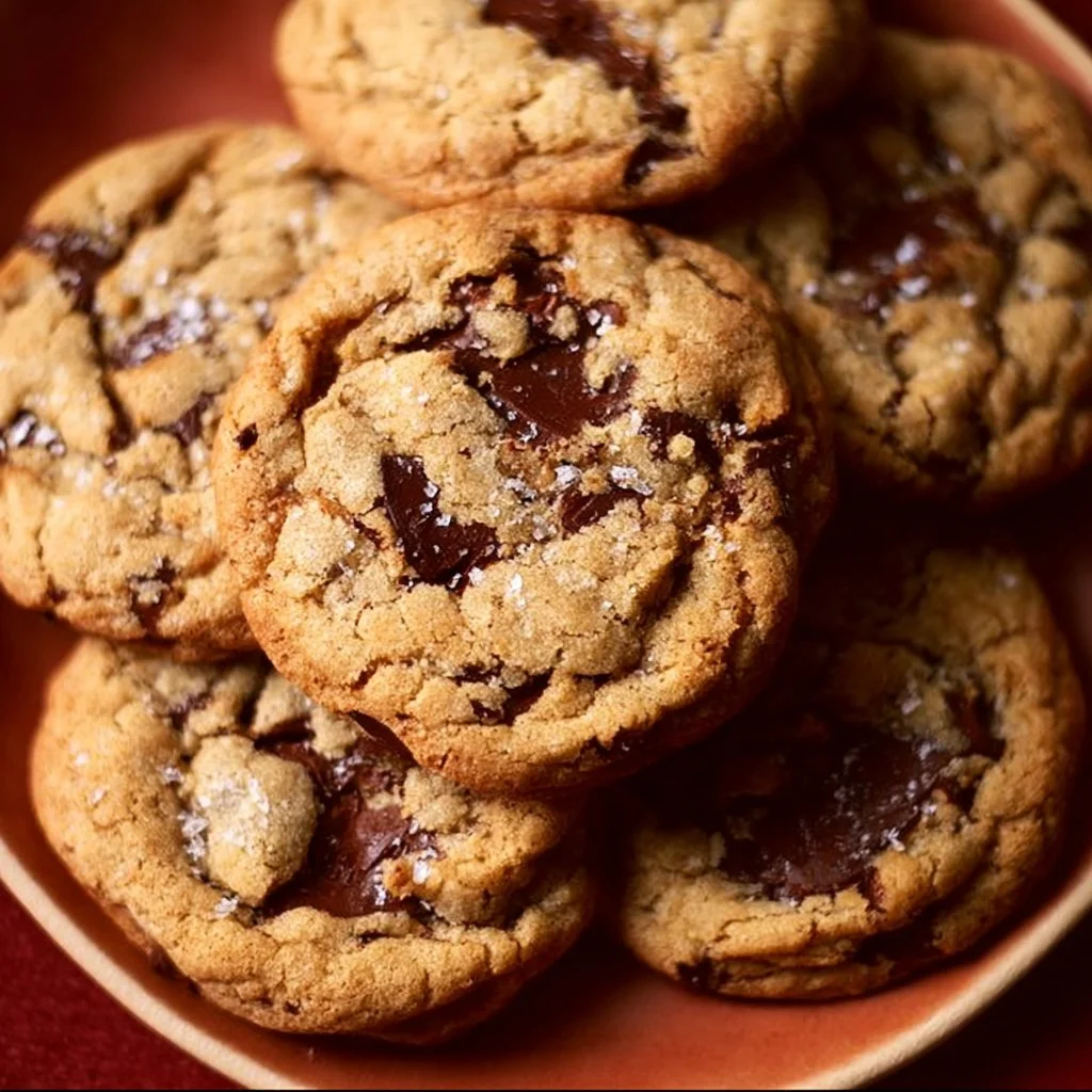 Freshly baked brown butter chocolate chip cookies on a cooling rack
