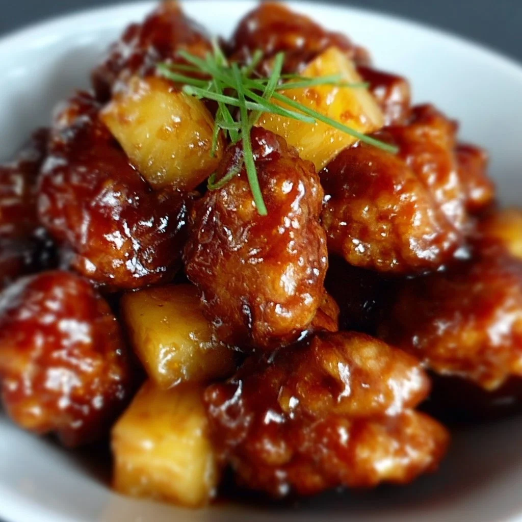 Delicious Brown Sugar Pineapple Chicken garnished with fresh herbs