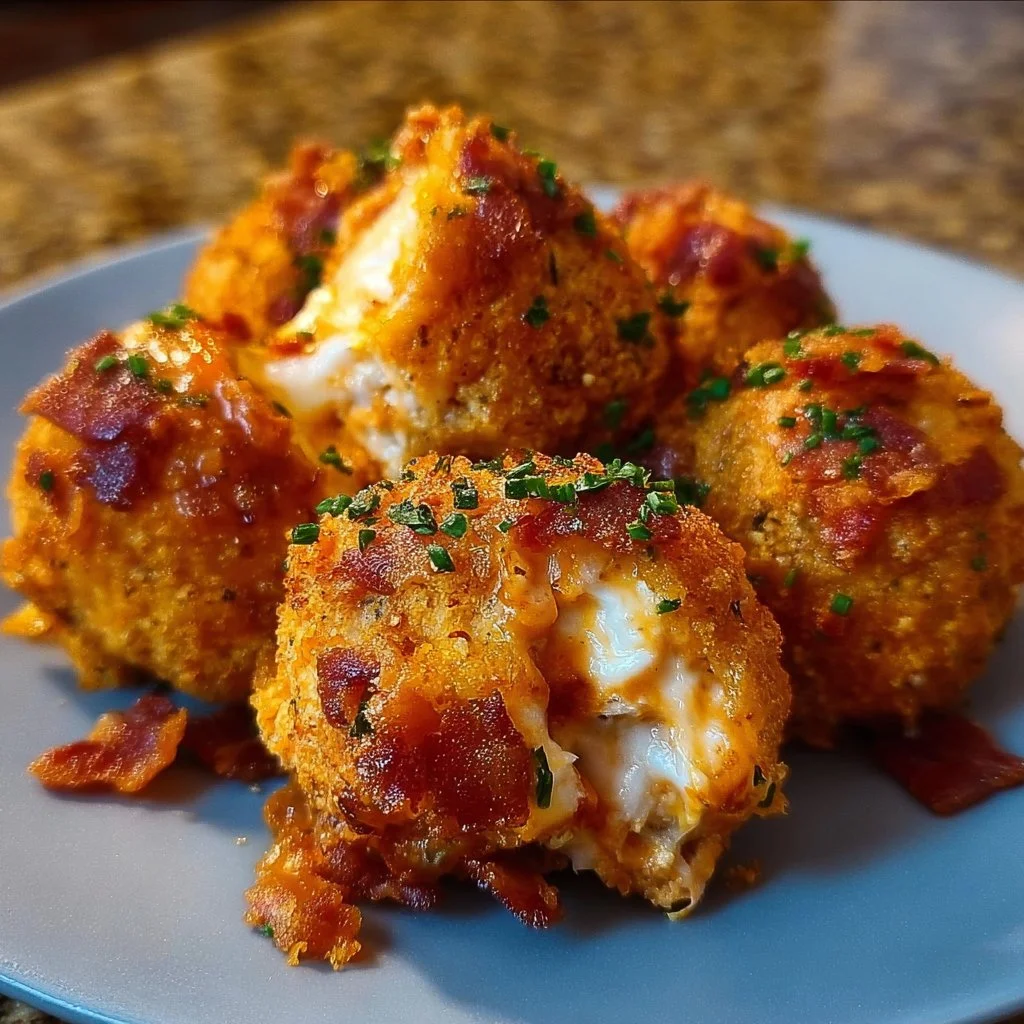 Buffalo Chicken Bacon Mozzarella Bombs served on a plate for game day