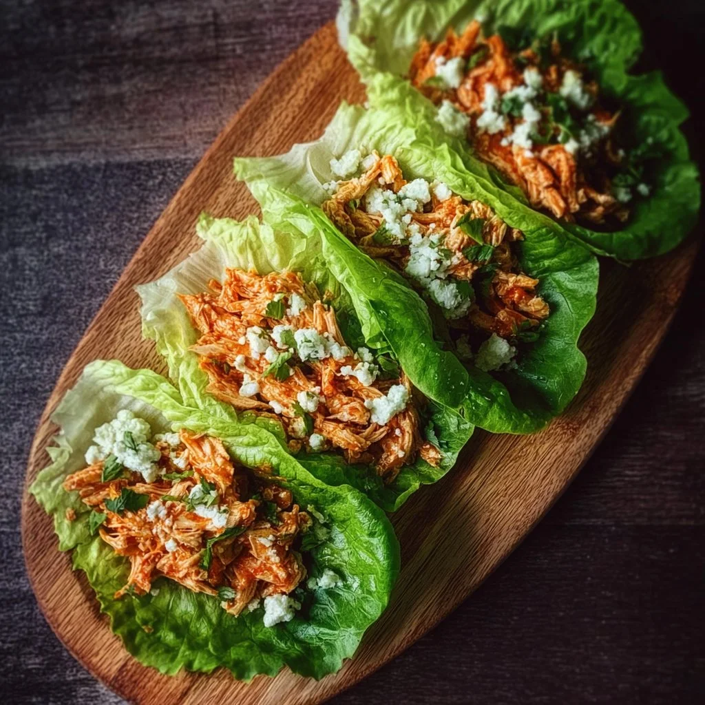 Buffalo Chicken Lettuce Wraps 2 Buffalo Chicken Lettuce Wraps served on a plate garnished with fresh herbs