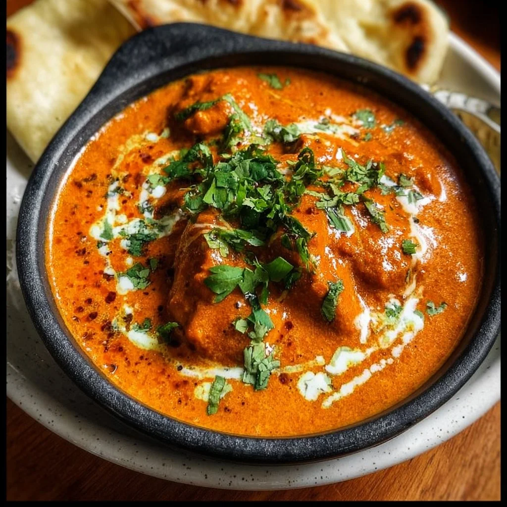 Delicious bowl of Butter Chicken served with rice and naan.