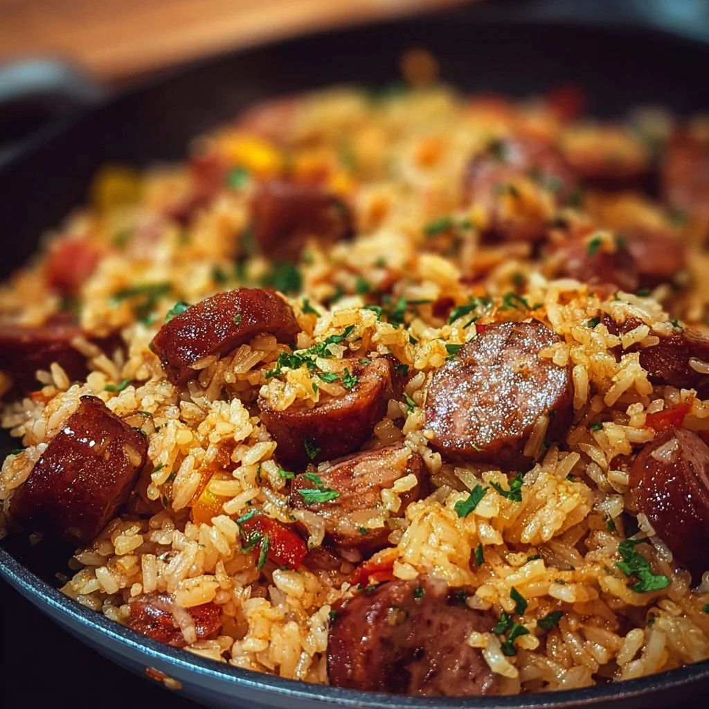 Cajun sausage and rice skillet dish garnished with herbs and spices