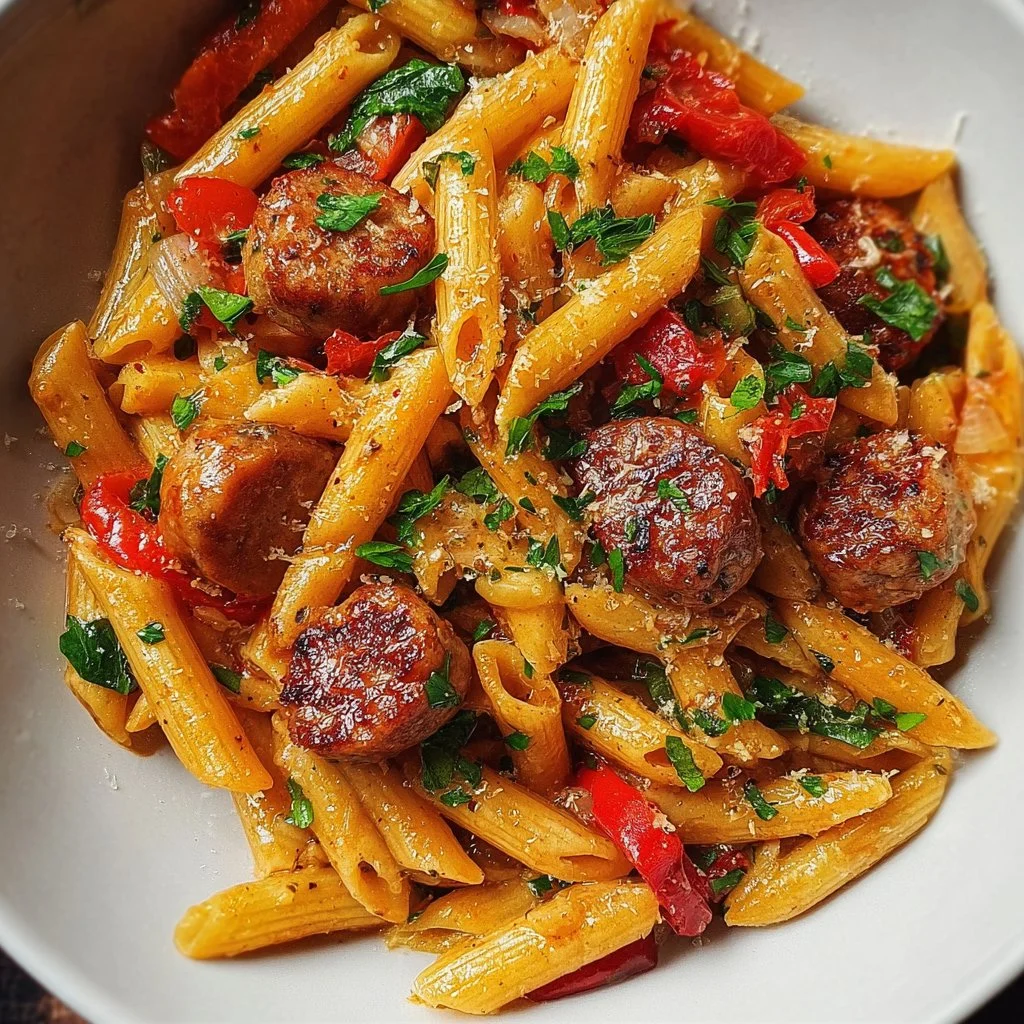 A bowl of spicy Cajun Sausage Pasta garnished with fresh herbs