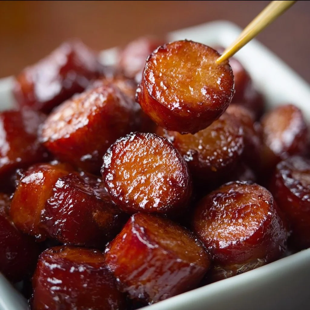 Candied kielbasa bites served on a platter, featuring glaze and garnishes.