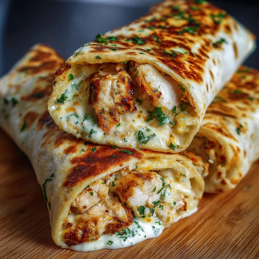 Delicious cheesy garlic chicken wraps ready to serve