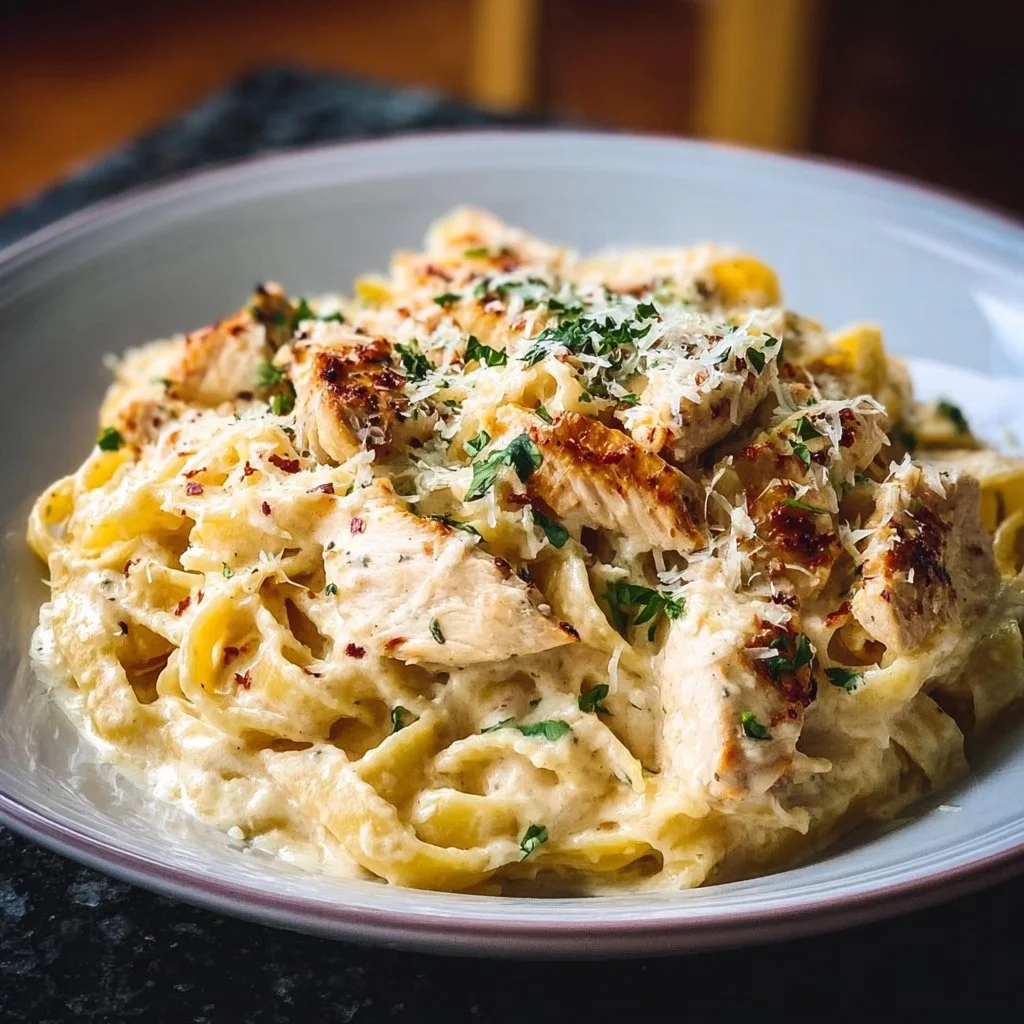 Cheesy One-Pot Chicken Alfredo Pasta served in a bowl