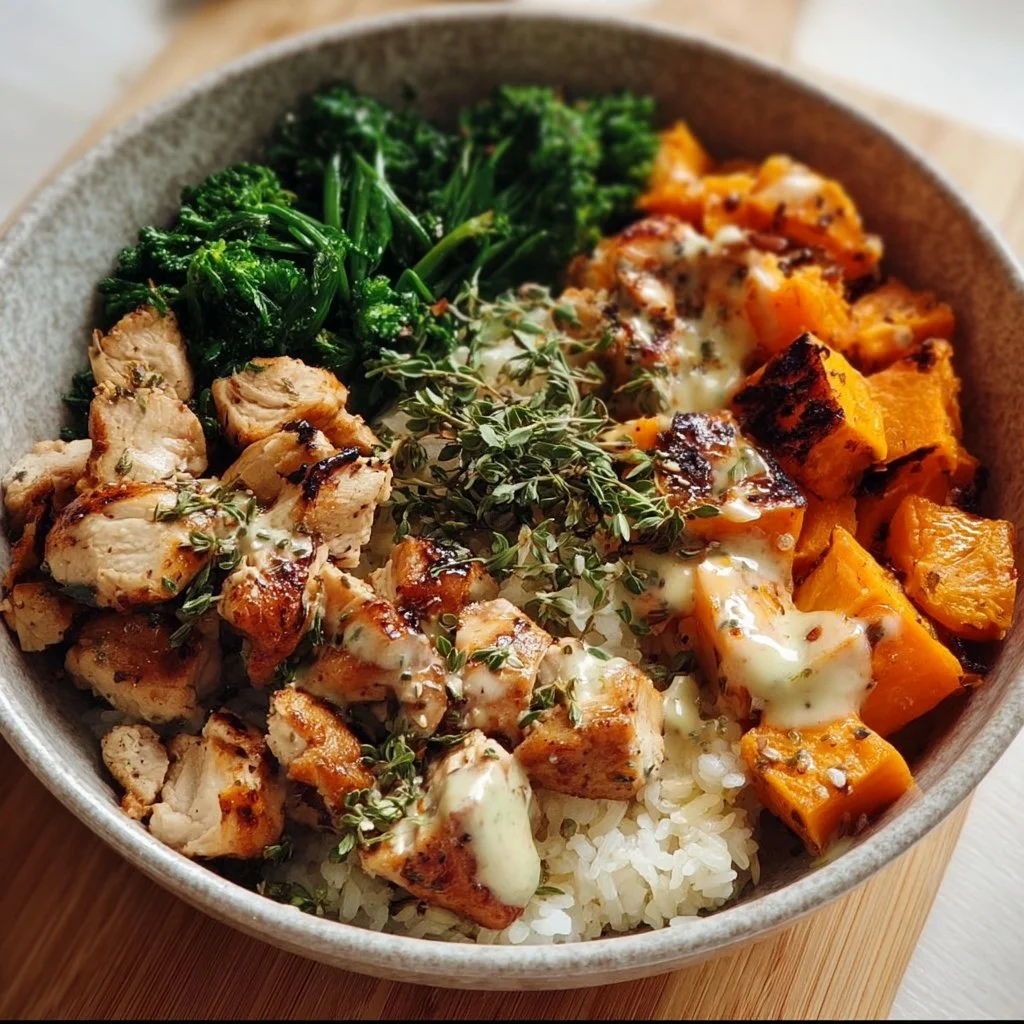 Chicken and Sweet Potato Bowl 2 Chicken and sweet potato bowl with colorful vegetables and sauces