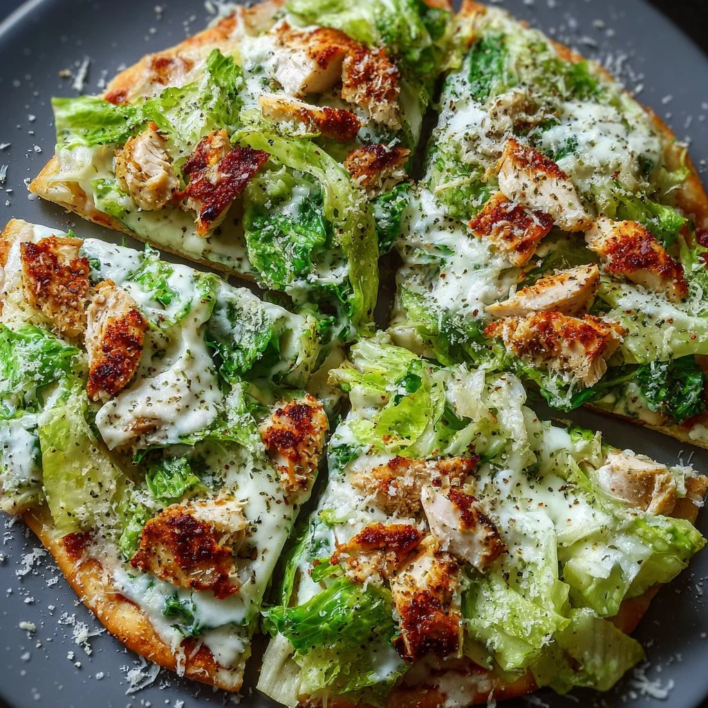 Delicious Chicken Caesar Salad Pizza topped with fresh greens and creamy dressing.