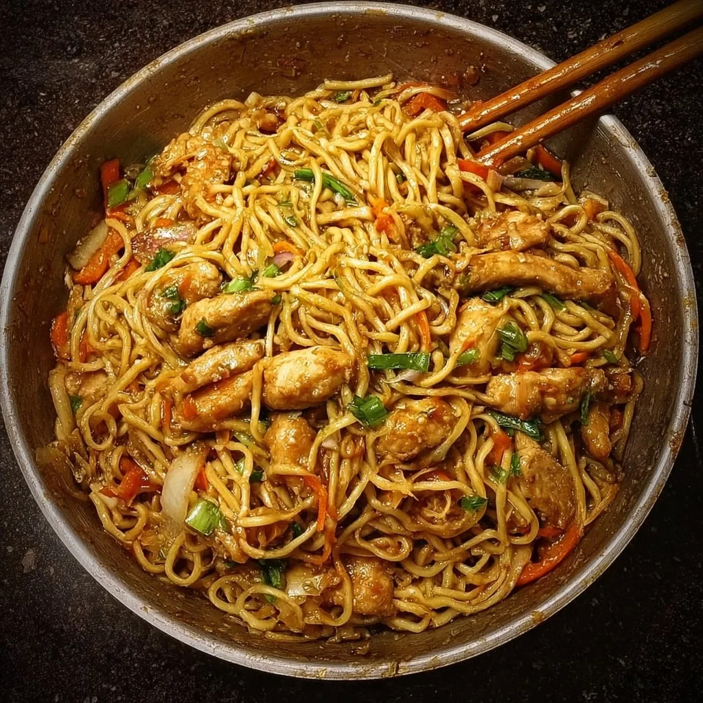 Chicken Chow Mein 3 Delicious plate of Chicken Chow Mein with vegetables and chicken.