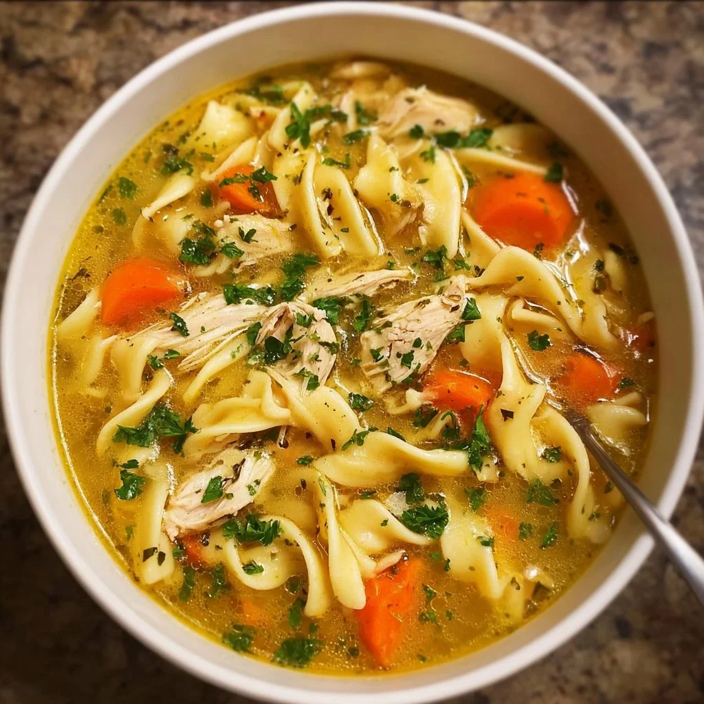 Chicken Noodle Soup 3 Bowl of homemade chicken noodle soup with fresh vegetables and herbs