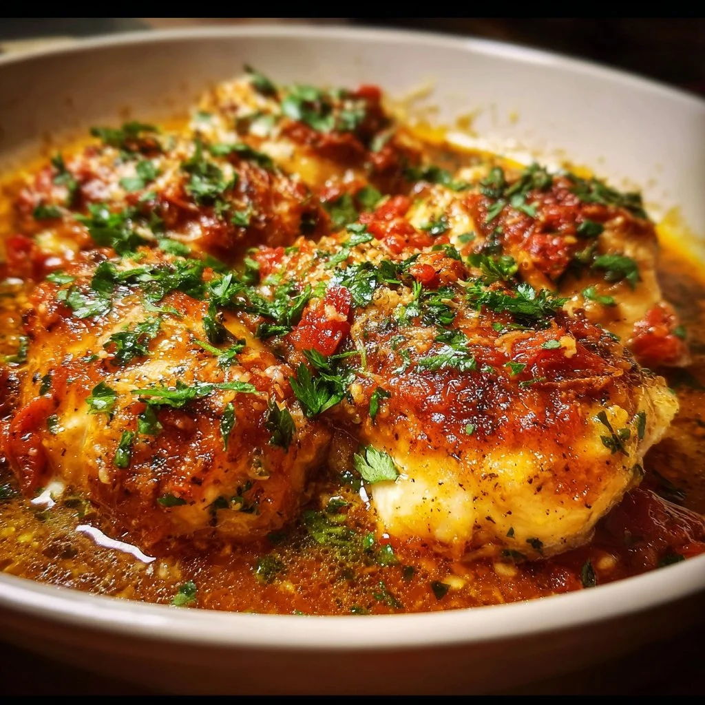 Plate of Chicken Sorrentino with eggplant and tomato sauce